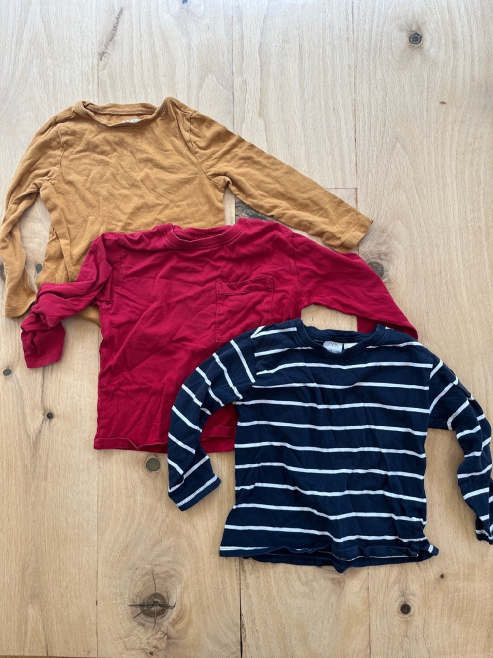 3 Zara and Old Navy Long-Sleeve Stripe Tee and Solid Tops — Navy, Red, Mustard